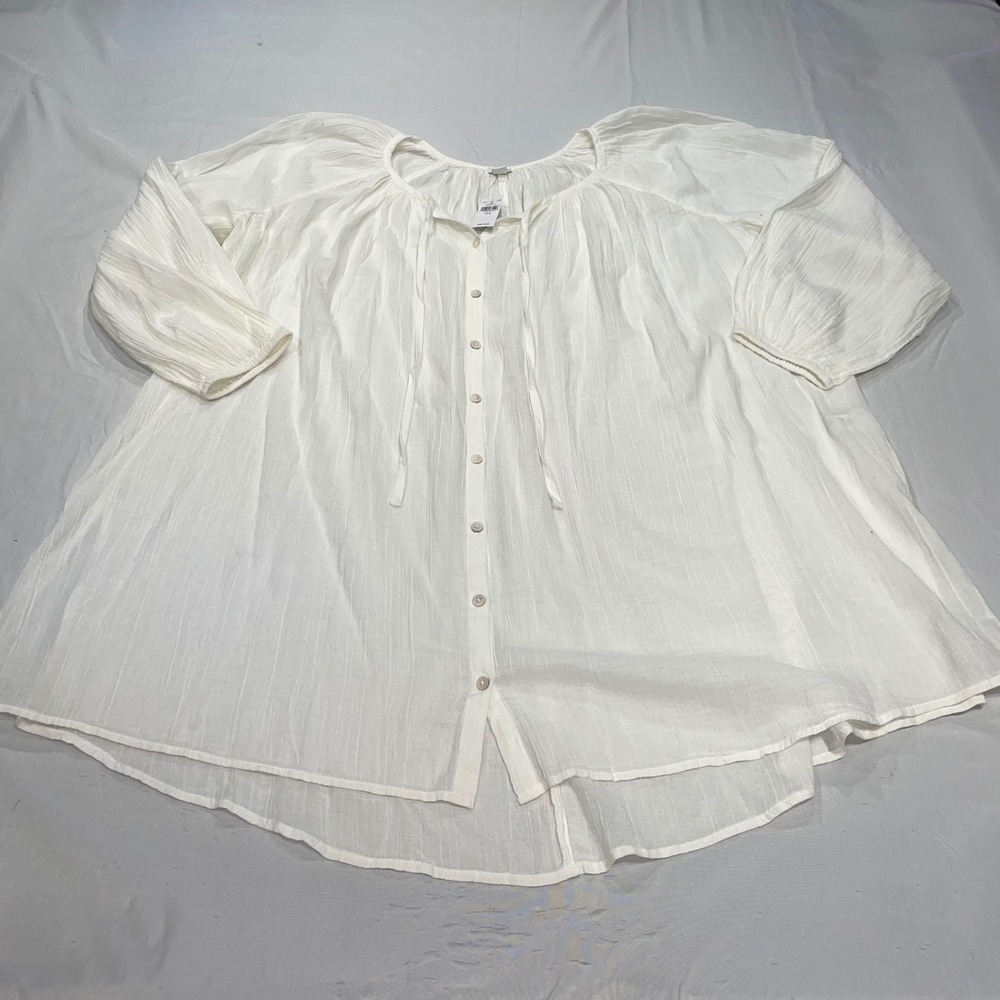 Aerie White Cotton Gauze Button Down Tunic Top Long Sleeve Tie Neck M